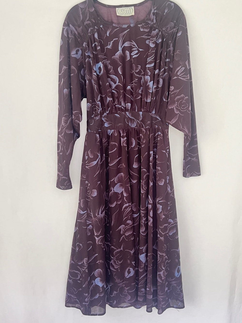 70s French Floral Midi Dress Batwing Sleeve Pleated Full Skirt Boho